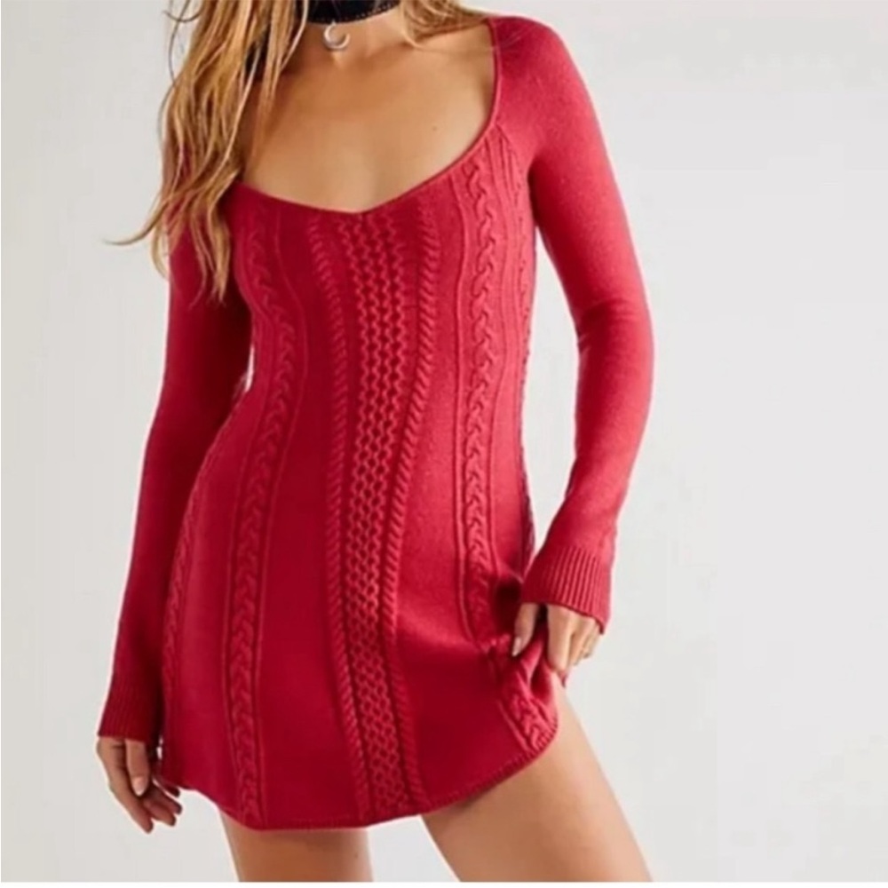 NWT Free People Small World Mini Sweater Women's Dress Cranberry Red Small